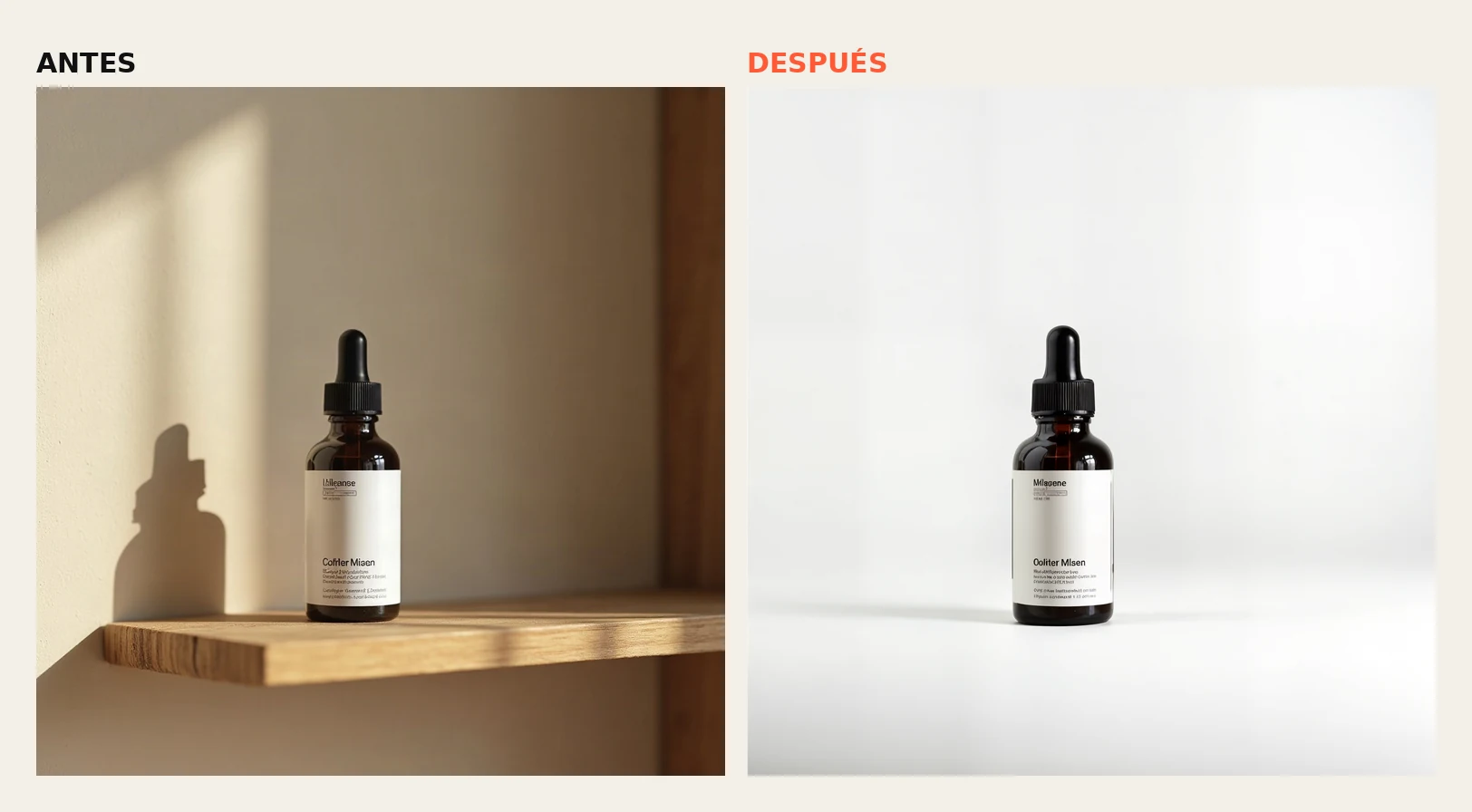Antes y después de un frasco de cosmética con etiqueta: sobre un estante de madera y el mismo frasco en fondo de estudio blanco