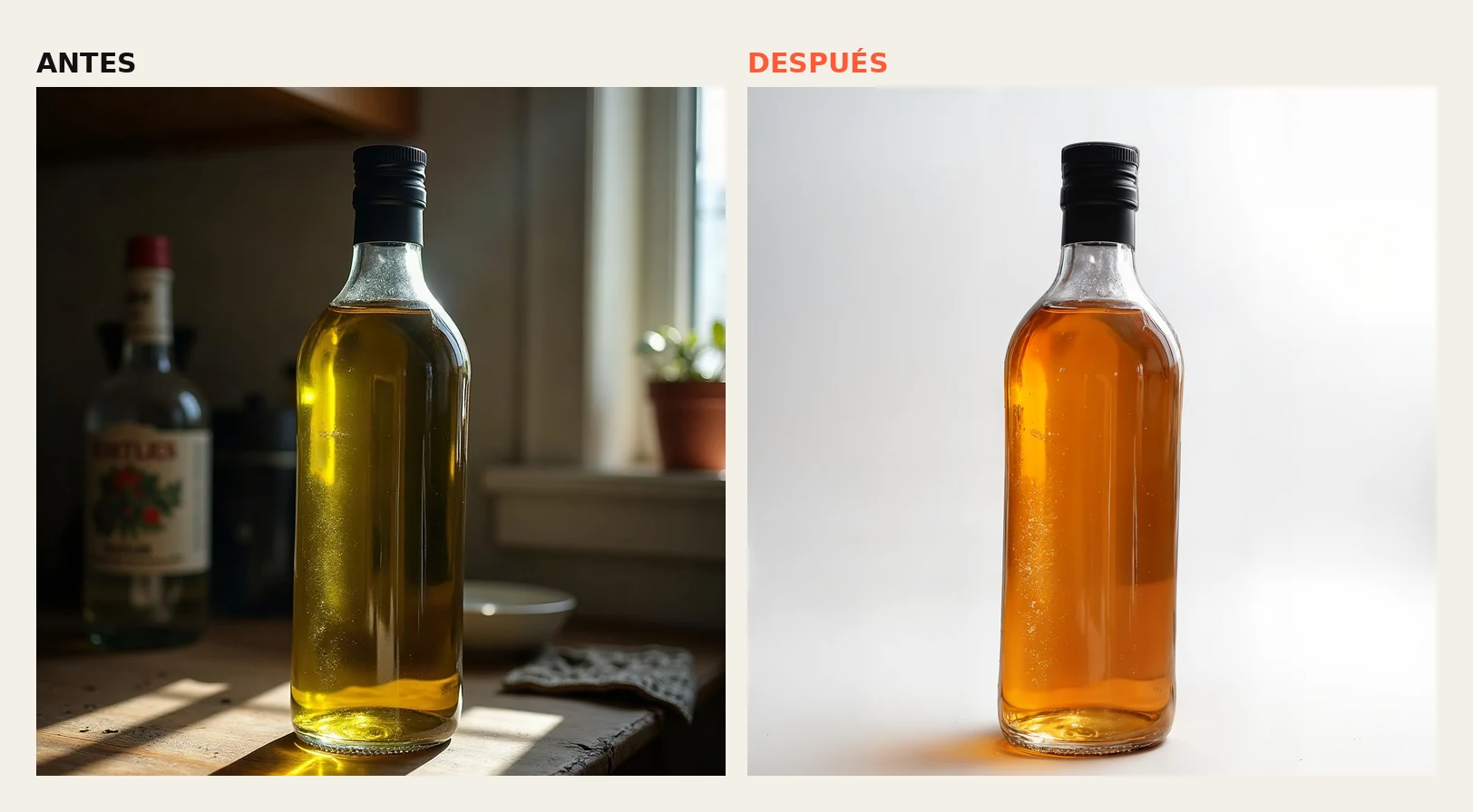 Antes y después de una botella de aceite: sobre una mesa de cocina y la misma botella en fondo de estudio blanco