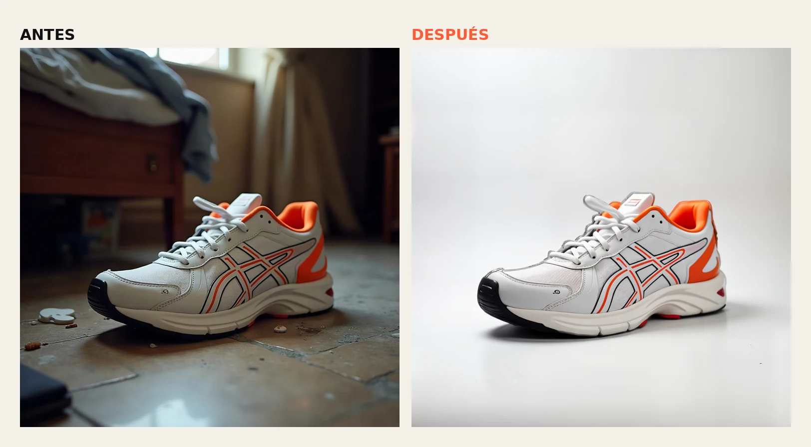 Antes y después de una zapatilla deportiva: en el suelo de una habitación y la misma zapatilla en fondo de estudio blanco